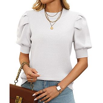 Womens Casual Round Neck Puff Sleeve Short Sleeve Knit Top Blouse