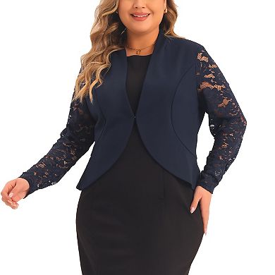 Women's Plus Size Blazer Cardigan Long Sleeve Lace Open Front Cropped Shrug Bolero Jacket