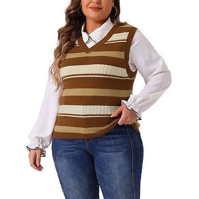 Women's Plus Size Sweaters Sleeveless V Neck Striped Knit Casual Pullover Sweater Vests