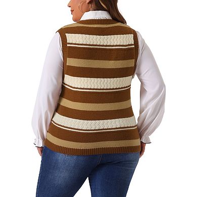 Women's Plus Size Sweaters Sleeveless V Neck Striped Knit Casual Pullover Sweater Vests