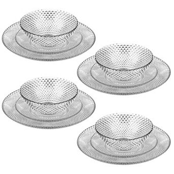 Diamond-Pattern Clear Glass Plate and Bowl Set for Everyday Dining