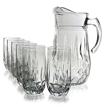 Glass Pitcher and Tumbler Set, 75 oz Pitcher with Six 14 oz Neoclassical Glasses - Clear