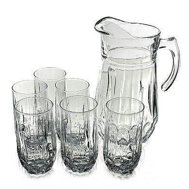 Glass Pitcher and Tumbler Set, 75 oz Pitcher with Six 14 oz Neoclassical Glasses - Clear