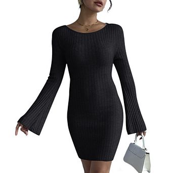 Women's Ribbed Knit Sweater Dress Casual Long Sleeve V Neck Bodycon Mini Dress