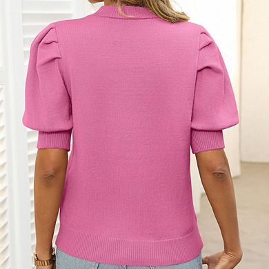 Womens Casual Round Neck Puff Sleeve Short Sleeve Knit Top Blouse