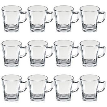 Set of 12 Clear Square Glass Mugs, 10 oz Coffee and Tea Cups