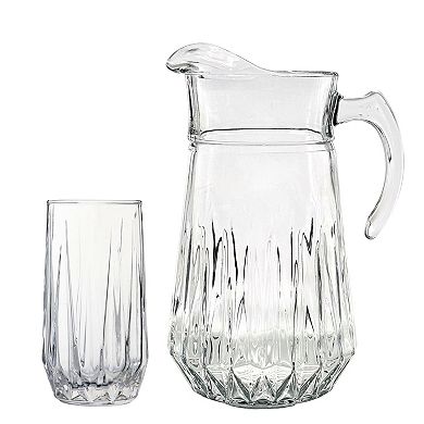 Glass Pitcher and Tumbler Set, 75 oz Pitcher with Six 14 oz Diamond-Cut Glasses - Clear