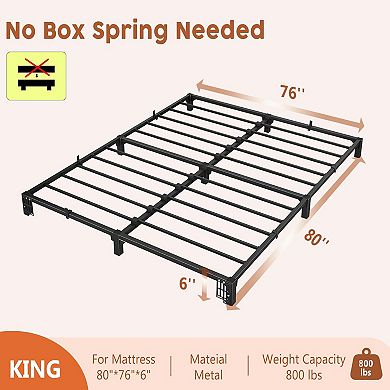 6" Metal Bed Frame, No Screws/Box Spring, Heavy Duty Tool-Free Assembly