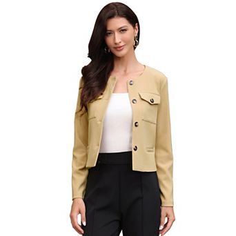 Work Jacket for Women's Button Down Collarless Long Sleeve Round Neck Casual Business Office Coat
