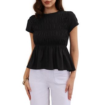 Women's Peplum Babydoll Tops Summer Smocked Ruched Crew Neck Cap Sleeve Tunic Shirts Cute Blouses
