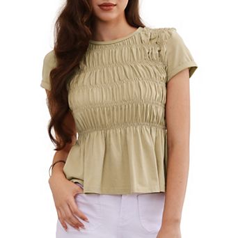 Women's Peplum Babydoll Tops Summer Smocked Ruched Crew Neck Cap Sleeve Tunic Shirts Cute Blouses