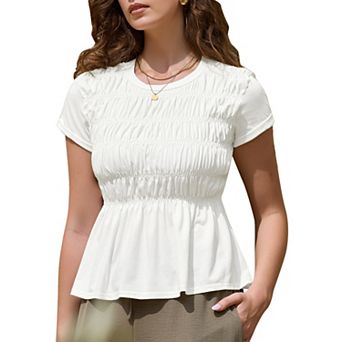 Women's Peplum Babydoll Tops Summer Smocked Ruched Crew Neck Cap Sleeve Tunic Shirts Cute Blouses