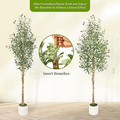 Artificial Olive Tree in White Planter with 2 Wood Trunks for Home & Office Decor