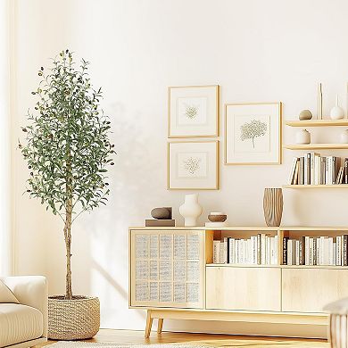 Artificial Olive Tree in White Planter with 2 Wood Trunks for Home & Office Decor