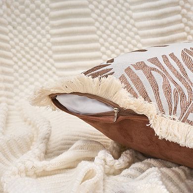 Boho Decorative Throw Pillow with Tassel Edge Palm Leaf Jacquard Pillow Cases Set of 2, 18X18 Inch