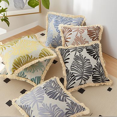 Boho Decorative Throw Pillow with Tassel Edge Palm Leaf Jacquard Pillow Cases Set of 2, 18X18 Inch