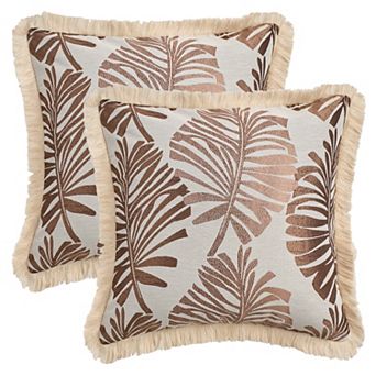 Boho Decorative Throw Pillow with Tassel Edge Palm Leaf Jacquard Pillow Cases Set of 2, 18X18 Inch