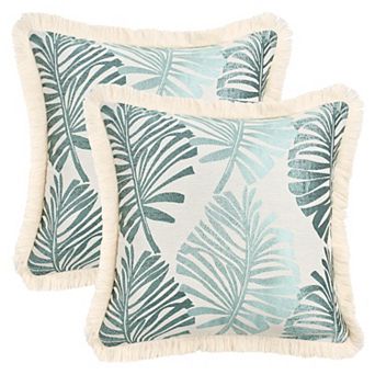 Boho Decorative Throw Pillow with Tassel Edge Palm Leaf Jacquard Pillow Cases Set of 2, 18X18 Inch
