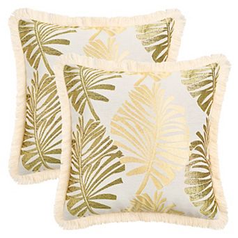 Boho Decorative Throw Pillow with Tassel Edge Palm Leaf Jacquard Pillow Cases Set of 2, 18X18 Inch