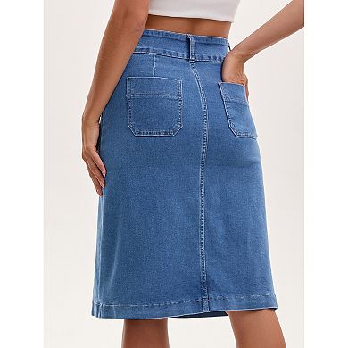 Women's Denim Skirt High Waisted Front Pockets Stretch Below Knee Length Jean Skirts