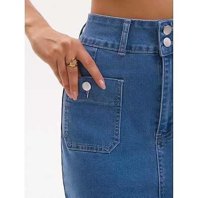 Women's Denim Skirt High Waisted Front Pockets Stretch Below Knee Length Jean Skirts