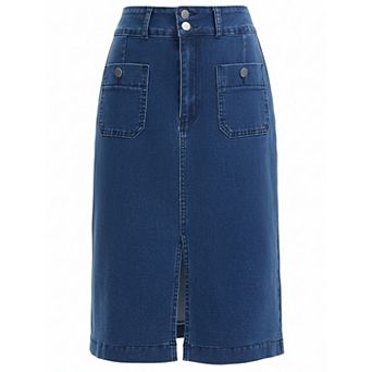 Women's Denim Skirt High Waisted Front Pockets Stretch Below Knee Length Jean Skirts