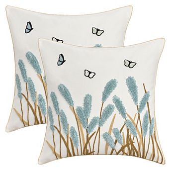 2 pc Cotton Boho Decorative Throw Pillow Covers Plant Embroidery Soft Square Pillowcase 18X18 Inch