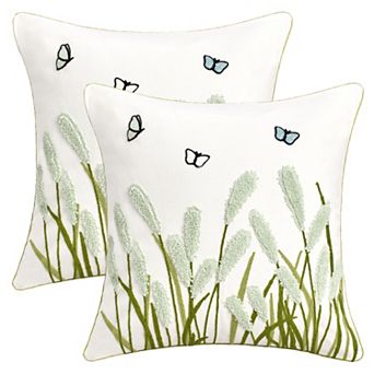 2 pc Cotton Boho Decorative Throw Pillow Covers Plant Embroidery Soft Square Pillowcase 18X18 Inch