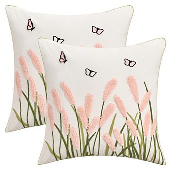 2 pc Cotton Boho Decorative Throw Pillow Covers Plant Embroidery Soft Square Pillowcase 18X18 Inch