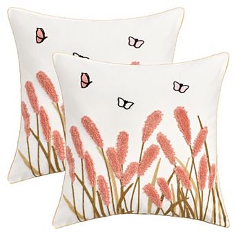 2 pc Cotton Boho Decorative Throw Pillow Covers Plant Embroidery Soft Square Pillowcase 18X18 Inch