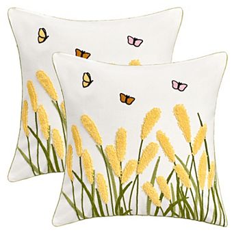 2 pc Cotton Boho Decorative Throw Pillow Covers Plant Embroidery Soft Square Pillowcase 18X18 Inch