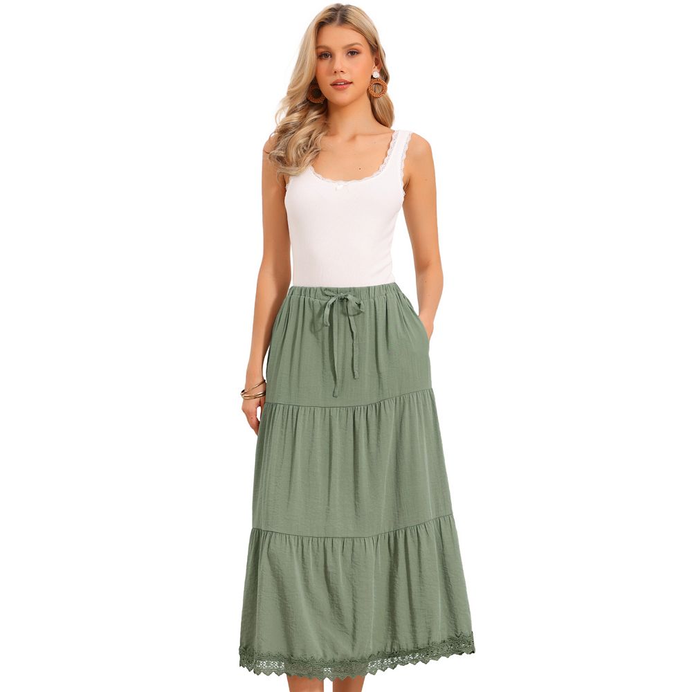 Summer Maxi Skirt for Women's Elastic High Waist Tiered A-Line Casual Beach Long  Skirts, image size:1000x1000
