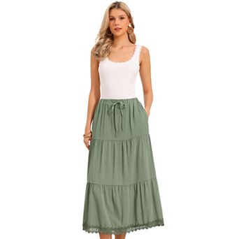 Summer Maxi Skirt for Women's Elastic High Waist Tiered A-Line Casual Beach Long Skirts