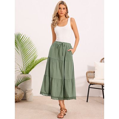 Summer Maxi Skirt for Women's Elastic High Waist Tiered A-Line