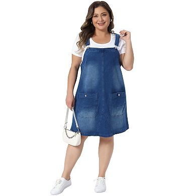 Women's Plus Size Denim Overalls Adjustable Strap Bib Suspender Skirts Jeans Dresses with Pockets