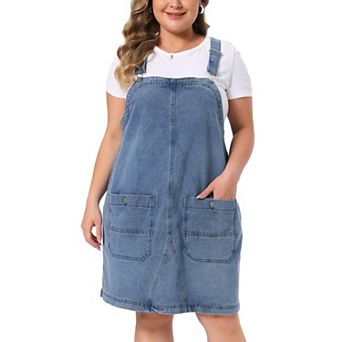 Women's Plus Size Denim Overalls Adjustable Strap Bib Suspender Skirts Jeans Dresses with Pockets