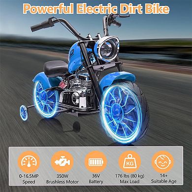 36V 350W Kids Electric Dirt Bike, 16.5MPH,176Lbs Max, Spring Suspension, Training Wheels.