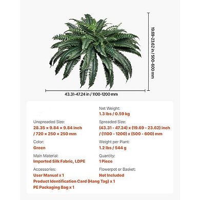 Faux Boston Fern Plant for Hanging Baskets or Large Planters with Wide Spread Design - Green