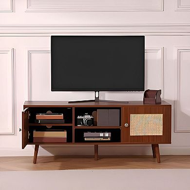Rattan TV Stand for Living Room, Boho Media Console with Adjustable Shelf Options