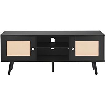 Rattan TV Stand for Living Room, Boho Media Console with Adjustable Shelf Options