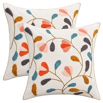 Pack of 2 Flower Embroidered Decorative Throw Pillow Covers Cotton Canvas Cushion Cases 18X18 Inch