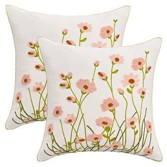 Pack of 2 Flower Embroidered Decorative Throw Pillow Covers Cotton Canvas Cushion Cases 18X18 Inch