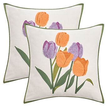 Pack of 2 Flower Embroidered Decorative Throw Pillow Covers Cotton Canvas Cushion Cases 18X18 Inch