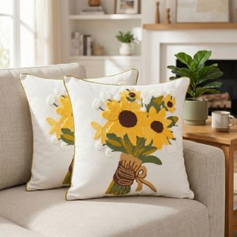 Pack of 2 Flower Embroidered Decorative Throw Pillow Covers Cotton Canvas Cushion Cases 18X18 Inch