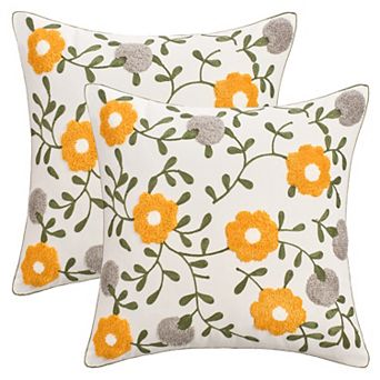 Pack of 2 Flower Embroidered Decorative Throw Pillow Covers Cotton Canvas Cushion Cases 18X18 Inch