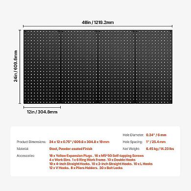 Garage Wall Pegboard Panel Set with Standard Hook Compatibility, Steel, 24x12, Black