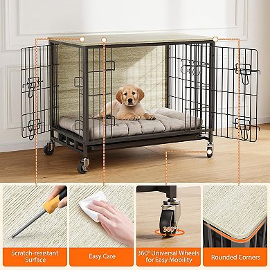 Heavy Duty Dog Crate with Table Top, Wheels & Double Doors, Easy Assembly Kennel