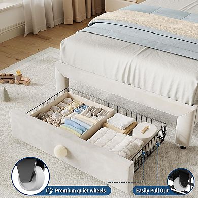 Velvet Kids Bed Frame with Storage Drawer & Headboard, No Box Spring & Easy Assembly