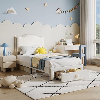 Velvet Kids Bed Frame with Storage Drawer & Headboard, No Box Spring & Easy Assembly