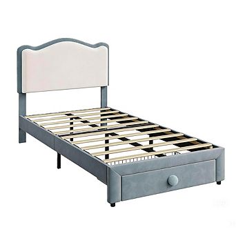Velvet Kids Bed Frame with Storage Drawer & Headboard, No Box Spring & Easy Assembly
